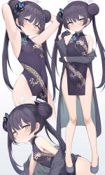 Rule 34 | 1girl, armpits, arms behind head, ass, bare shoulders, black dress, black hair, blazer, blue archive, blue eyes, blush, breasts, china dress, chinese clothes, covered navel, double bun, dragon print, dress, hair between eyes, hair bun, hair ornament, highres, jacket, kisaki (blue archive), long hair, looking at viewer, mou tama maru, multiple views, off shoulder, simple background, sleeveless, sleeveless dress, small breasts, twintails, white background