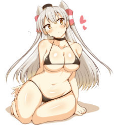 Rule 34 | 1girl, :o, alternate breast size, amatsukaze (kancolle), bad id, bad pixiv id, bikini, black bikini, black neckwear, blush, breasts, brown eyes, choker, hair tubes, heart, highres, kantai collection, large breasts, long hair, looking to the side, navel, simple background, sitting, solo, swimsuit, wedge (tyrl stride), white background