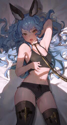 Rule 34 | 1girl, absurdres, alternate costume, animal ears, bed sheet, black shirt, black shorts, blue hair, blush, breasts, brown thighhighs, camisole, commentary request, crop top, ferry (granblue fantasy), granblue fantasy, highres, leash, long hair, looking at viewer, lying, midriff, navel, on back, open mouth, shirt, short shorts, shorts, small breasts, solo, sooon, thighhighs, tongue, tongue out, twitter username, yellow eyes