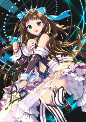 Rule 34 | 1girl, bare shoulders, blue eyes, brown hair, center opening, detached sleeves, empew, long hair, looking at viewer, million chain, navel, smile, solo, striped clothes, striped thighhighs, sword, thighhighs, weapon