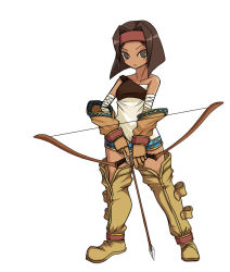 Rule 34 | archer (fft), boots, bow, bow (weapon), brown hair, class change, dark-skinned female, dark skin, eyeliner, final fantasy, final fantasy tactics, full body, gloves, headband, makeup, rapha galthena, solo, tun, weapon