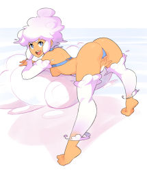 Rule 34 | 1girl, :d, ass, bare shoulders, bent over, blue eyes, breasts, bridal gauntlets, cloud, cloud clothes, cloud hair, commentary, detached pants, elbow gloves, feet, full body, gloves, hand on own crotch, legs apart, looking at viewer, medium breasts, nipples, o-ring, open mouth, original, pink hair, simple background, smile, solo, squeezable (squeezabledraws), symbol-only commentary, taffy (squeezable), tiptoes, toes, white gloves