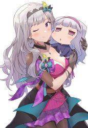 Rule 34 | 1girl, ;), absurdres, black pantyhose, blunt bangs, blush, bracelet, breasts, carrying, chibi, child carry, cleavage, commission, dress, dual persona, grey hair, highres, idol, idolmaster, idolmaster (classic), idolmaster million live!, jewelry, long hair, looking at viewer, medium breasts, one eye closed, pantyhose, pixiv commission, polka dot gloves, puchimasu!, purple dress, shijou takane, shuucream (syuichi), simple background, smile, tailcoat, white background