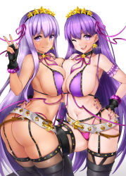 Rule 34 | 2girls, :d, ass, bb (fate), bb (fate) (all), bb (swimsuit mooncancer) (fate), bb (swimsuit mooncancer) (second ascension) (fate), bikini, black garter belt, black gloves, black thighhighs, blush, breasts, dual persona, fate/grand order, fate (series), from behind, garter belt, gloves, gyaru, has bad revision, has downscaled revision, large breasts, long hair, looking at viewer, looking back, md5 mismatch, multiple girls, navel, one eye closed, oni-noboru, open mouth, purple bikini, purple eyes, purple hair, purple ribbon, resolution mismatch, ribbon, shiny skin, simple background, smile, source smaller, standing, star (symbol), studded garter belt, swimsuit, tan, teeth, thighhighs, tongue, tongue out, very long hair, white background