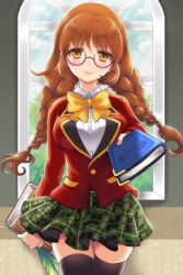 Rule 34 | 1girl, bittersweet (dalcoms), black thighhighs, blazer, blush, book, bow, braid, breasts, brown hair, dress shirt, glasses, jacket, large breasts, long hair, lowres, outstretched arm, plaid, plaid skirt, pleated skirt, quill, ribbon, school uniform, shirt, skindentation, skirt, smile, solo, sword girls, thighhighs, twin braids, window, yellow eyes