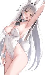 Rule 34 | 1girl, animal ears, arm up, armpit crease, armpits, arms up, backless leotard, blanc (nikke), blunt bangs, breasts, breasts apart, cleavage, detached collar, duplicate, fang, goddess of victory: nikke, heart, heart tattoo, highleg, highleg leotard, highres, large breasts, leotard, long hair, looking at viewer, necktie, playboy bunny, pole, rabbit ears, rabbit tail, skai kun, sleeveless, solo, strapless, strapless leotard, stripper, stripper pole, tail, tattoo, thighs, thong leotard, very long hair, white hair, wrist cuffs, yellow eyes