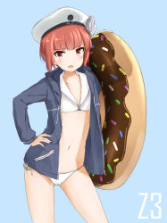 Rule 34 | 10s, 1girl, anchor, bikini, blue background, blue jacket, blunt bangs, blush, bow, character name, commentary request, cowboy shot, doughnut, doughnut innertube, eyebrows, flat chest, food, food-themed ornament, hat, hat bow, hood, hooded jacket, inflatable toy, innertube, jacket, jacket over swimsuit, kantai collection, long sleeves, looking at viewer, navel, open mouth, red eyes, red hair, sailor bikini, sailor collar, sailor hat, side-tie bikini bottom, sidelocks, solo, standing, striped, suke (momijigari), swim ring, swimsuit, white bikini, white hat, z3 max schultz (kancolle)