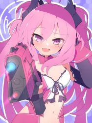 Rule 34 | 1girl, ahoge, aiming, aiming at viewer, bare shoulders, black gloves, blue background, blush, bow, bowtie, breasts, clothing cutout, detached collar, detached sleeves, elbow gloves, fang, frills, gloves, grace (sound voltex), gun, hand on own head, headgear, headphones, highres, holding, holding gun, holding weapon, iwashi0g3, leotard, long hair, looking at viewer, midriff, navel, navel cutout, open mouth, partially fingerless gloves, pink bow, pink bowtie, pink eyes, pink hair, pointing gun, small breasts, solo, sound voltex, strapless, two side up, upper body, weapon