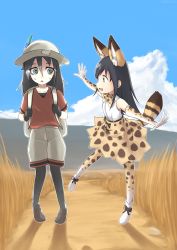 Rule 34 | 10s, 2girls, :d, animal ears, backpack, bag, black gloves, black hair, black legwear, blue sky, boots, bow, bowtie, cloud, commentary, cosplay, day, elbow gloves, english commentary, frankseven, gloves, green eyes, hat, hat feather, highres, kaban (kemono friends), kaban (kemono friends) (cosplay), kemono friends, kuroki tomoko, long hair, looking at another, multiple girls, open mouth, outdoors, outline, outstretched arms, pantyhose, pantyhose under shorts, print gloves, print legwear, print neckwear, print skirt, red shirt, satozaki kiko, savannah, serval (kemono friends), serval (kemono friends) (cosplay), serval print, serval tail, shirt, shoes, short sleeves, shorts, skirt, sky, sleeveless, sleeveless shirt, smile, spread arms, sweatdrop, tail, triangle mouth, watashi ga motenai no wa dou kangaetemo omaera ga warui!, white hat, white outline, white shirt, white shorts