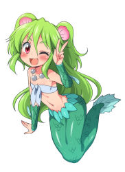 Rule 34 | 1girl, :d, ;d, bandeau, blush, green hair, jewelry, kanya pyi, long hair, mermaid, monster girl, muromi-san, namiuchigiwa no muromi-san, navel, necklace, one eye closed, open mouth, red eyes, scales, seashell, shell, simple background, smile, solo, two side up, v, white background, wink