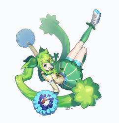 Rule 34 | 1girl, absurdres, bike shorts, breasts, commentary request, creatures (company), eyelashes, fortissimo, game freak, grass miku (project voltage), green eyes, green hair, green skirt, green socks, hair ornament, hatsune miku, highres, holding, holding pom poms, kneehighs, knees together feet apart, long hair, looking to the side, medium breasts, mongguri, musical note, musical note hair ornament, nintendo, poke ball, poke ball (basic), pokemon, pom pom (cheerleading), pom poms, project voltage, shirt, shoes, sidelocks, simple background, skirt, smile, socks, solo, twintails, very long hair, vocaloid, white background, x hair ornament