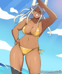 Rule 34 | 1girl, ;d, absurdres, animal ears, arm up, armpits, bikini, blue sky, boku no hero academia, breasts, cleavage, cloud, collarbone, commentary, dark-skinned female, dark skin, english commentary, gold bikini, hand on own hip, highres, large breasts, light particles, long eyelashes, mirko, navel, one eye closed, open mouth, outdoors, parted bangs, rabbit ears, rabbit girl, red eyes, side-tie bikini bottom, sky, smile, solo, stomach, sunlight, swimsuit, thighs, toned, twitter username, wading, water, white hair, zero momentai