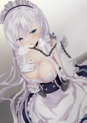Rule 34 | 1girl, :d, apron, azur lane, belfast (azur lane), black gloves, blue eyes, blue skirt, braid, breasts, chain, cleavage, collar, corset, dutch angle, elbow gloves, french braid, frilled apron, frilled skirt, frills, gloves, grey background, hand on own chest, heavy breathing, holding, kesoshirou, large breasts, long hair, looking at viewer, maid headdress, open mouth, silver hair, skirt, smile, solo, very long hair, waist apron, white apron
