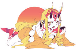 Rule 34 | 1girl, bare shoulders, blonde hair, claws, earrings, fate/grand order, fate (series), feet, female focus, highres, horns, ibaraki douji (fate), japanese clothes, jewelry, kimono, long hair, looking at viewer, lying, off shoulder, oni, oni horns, open mouth, pixiv id 4377717, pointy ears, rlaehdgus567, short kimono, simple background, solo, wide sleeves, yellow eyes, yellow kimono
