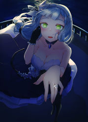 Rule 34 | 1girl, absurdres, bare shoulders, black gloves, black pantyhose, blue hair, blush, breasts, cleavage, collarbone, commentary request, dress, flower, girls&#039; frontline, gloves, green eyes, hair flower, hair ornament, hand up, highres, hk416 (girls&#039; frontline), hk416 (starry cocoon) (girls&#039; frontline), holding hands, jewelry, long hair, looking at viewer, medium breasts, official alternate costume, open mouth, pantyhose, revision, ring, sakana-ko, single glove, solo