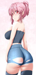 Rule 34 | 1girl, alternate costume, alternate hairstyle, ass, bare arms, bare shoulders, black thighhighs, blue shorts, blush, breasts, commentary request, cowboy shot, denim, denim shorts, from behind, hair between eyes, highres, large breasts, light blush, looking at viewer, looking back, micro shorts, nori tamago, parted lips, pink hair, ponytail, red eyes, saigyouji yuyuko, shorts, solo, thighhighs, torn clothes, torn shorts, touhou