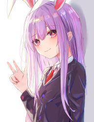 Rule 34 | 1girl, absurdres, animal ears, bad hands, bad id, bad pixiv id, blush, extra ears, hair between eyes, highres, light smile, long hair, looking at viewer, lshiki, necktie, purple hair, rabbit ears, red eyes, red necktie, reisen udongein inaba, sidelighting, solo, touhou, upper body, v