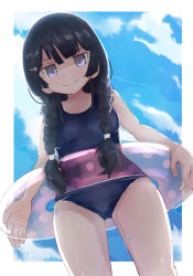 Rule 34 | 1girl, bad id, bad pixiv id, black hair, blue eyes, blue one-piece swimsuit, blunt bangs, braid, cowboy shot, day, from below, hair between eyes, hair ornament, hairclip, highres, holding, holding swim ring, innertube, looking at viewer, moonscraper, nijisanji, one-piece swimsuit, outdoors, outside border, school swimsuit, sky, smile, standing, swim ring, swimsuit, tagme, thighs, translucent, tsukino mito, twin braids, virtual youtuber, water drop
