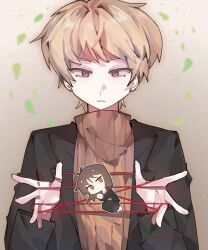 Rule 34 | 2boys, atou haruki, black jacket, black pants, blonde hair, brown hair, brown sweater, cat&#039;s cradle, chibi, chinese commentary, closed mouth, commentary request, highres, isoi haruki, jacket, long sleeves, male focus, medium hair, multiple boys, no nose, open clothes, open jacket, outline, pants, red eyes, ribbed sweater, saibou shinkyoku, shirt, short hair, snowattack, string, string of fate, sweater, turtleneck, turtleneck sweater, upper body, white outline, white shirt
