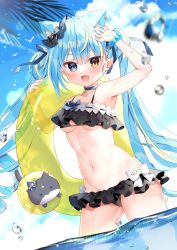 Rule 34 | 1girl, :d, absurdres, animal ear fluff, animal ears, aosuzu luna, arm up, bare arms, bead bracelet, beads, bikini, black bikini, black bow, blue choker, blue eyes, blue hair, blue ribbon, blush, bow, bracelet, breasts, cat, cat ears, cat girl, cat tail, chihiro (khorosho), choker, cloud, commentary request, cowboy shot, day, drill hair, ear bow, fang, frilled bikini, frills, hair between eyes, hair ribbon, hand up, heterochromia, highres, holding, holding swim ring, indie virtual youtuber, innertube, jewelry, long hair, looking at viewer, medium breasts, navel, open mouth, outdoors, palm leaf, ribbon, second-party source, skin fang, sky, smile, solo, standing, stomach, swim ring, swimsuit, tail, twintails, underboob, very long hair, virtual youtuber, wading, water, white bow, yellow eyes