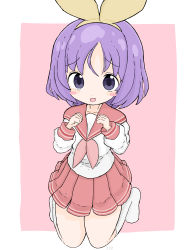 Rule 34 | 1girl, :d, absurdres, blush stickers, collarbone, commentary request, full body, hair ribbon, hands up, highres, hiiragi tsukasa, kneehighs, kneeling, knees together feet apart, long sleeves, looking at viewer, lucky star, neckerchief, no shoes, open mouth, pink background, pink neckerchief, pink sailor collar, pink skirt, pleated skirt, purple eyes, purple hair, ribbon, rururu (pyrk8855), sailor collar, school uniform, serafuku, shirt, skirt, smile, socks, solo, two-tone background, white background, white socks, white shirt, yellow ribbon