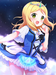 Rule 34 | 1girl, :d, black bow, blonde hair, blush, bow, cowboy shot, cross-laced clothes, dress, frilled dress, frills, green eyes, hand up, highres, long hair, looking at viewer, love live!, love live! sunshine!!, multicolored neckwear, night, night sky, ohara mari, open mouth, outdoors, overskirt, pipette1223, short sleeves, sky, smile, solo, star (sky), starry sky, tiara, water blue new world