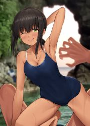 Rule 34 | 1girl, armpits, bare arms, bare legs, bare shoulders, black hair, black one-piece swimsuit, blush, breasts, cleavage, closed mouth, collarbone, dark-skinned female, dark skin, fubuki (kancolle), girl on top, green eyes, hair between eyes, highres, ichikawa feesu, kantai collection, medium breasts, one-piece swimsuit, one eye closed, short hair, short ponytail, smile, solo focus, swimsuit, tongue, tongue out