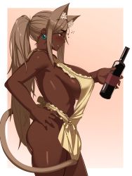 Rule 34 | 1girl, absurdres, animal ear fluff, animal ears, apron, bare shoulders, bell, blush, bottle, breasts, brown-haired cat girl (kevbot), brown hair, cat ears, cat girl, cat tail, cowboy shot, dark-skinned female, dark skin, extra ears, frilled apron, frills, from side, hand on own hip, highres, holding, holding bottle, huge breasts, jingle bell, kevbot, large breasts, long hair, mole, mole under eye, naked apron, original, parted bangs, parted lips, ponytail, red eyes, sideboob, sideways mouth, solo, tail, very dark skin, wine bottle