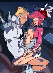 Rule 34 | 1boy, 1girl, blonde hair, blush, bottomless, breasts, car, clothes pull, commentary, dark-skinned male, dark skin, embarrassed, english commentary, fingerless gloves, gamagoori ira, gauntlets, gloves, hands on another&#039;s waist, hat, heart, hetero, highres, implied penetration, jacket, jakuzure nonon, kill la kill, motor vehicle, navel, night, nipples, open clothes, open jacket, optionaltypo, outdoors, pants, pants pull, pink hair, school uniform, sex, shoes, short hair, shoulder spikes, signature, sitting, sitting on lap, sitting on person, size difference, skull print, small breasts, spikes, sweat, track jacket
