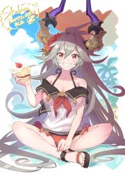 Rule 34 | 1girl, artist request, bikini, bikini under clothes, breasts, cake, commission, draph, food, granblue fantasy, grey hair, horns, large breasts, long hair, red eyes, sandals, see-through, see-through shirt, sitting, skeb commission, smile, solo, swimsuit, threo (eternal&#039;s summer vacation) (granblue fantasy), threo (granblue fantasy), very long hair