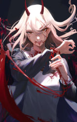 Rule 34 | 1girl, absurdres, black coat, blood, blood on face, brown eyes, chainsaw man, cherrymaru, coat, cross-shaped pupils, floating hair, hair between eyes, hemokinesis, highres, horns, long hair, long sleeves, looking at viewer, open clothes, open coat, power (chainsaw man), shirt, silver hair, solo, symbol-shaped pupils, tongue, tongue out, upper body, white shirt