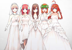 Rule 34 | 5girls, :d, ahoge, bare shoulders, blue eyes, blush, breasts, brown hair, cleavage, closed mouth, collarbone, commentary request, dress, elbow gloves, female focus, flower, gloves, go-toubun no hanayome, hair between eyes, hair flower, hair ornament, hair ribbon, haruba negi, highres, jewelry, long bangs, long hair, looking at viewer, multiple girls, nakano ichika, nakano itsuki, nakano miku, nakano nino, nakano yotsuba, necklace, off-shoulder dress, off shoulder, official art, open mouth, orange hair, own hands together, pink hair, polygamy, red hair, ribbon, short hair, siblings, simple background, sisters, smile, standing, star (symbol), star hair ornament, veil, wedding dress, white background, white dress, white gloves, white ribbon