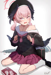 Rule 34 | 1girl, beret, black bag, black footwear, black hat, black shirt, black wings, blue archive, blush, book, collarbone, commentary request, gun, halo, hat, highres, koharu (blue archive), long sleeves, low twintails, low wings, neckerchief, open mouth, pink eyes, pink hair, pink halo, pink neckerchief, pink skirt, pleated skirt, sailor collar, school uniform, serafuku, shirt, shoes, simple background, single-shoulder shirt, single bare shoulder, sitting, skirt, socks, solo, sweatdrop, tattoo, twintails, udon f, wariza, weapon, white background, white socks, wings
