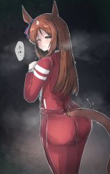 Rule 34 | 1girl, absurdres, alternate costume, ass, blue eyes, blush, brown hair, commentary request, dark background, grass wonder (umamusume), hair ornament, highres, jacket, kanikama25, long hair, looking at viewer, looking back, one eye closed, pants, solo, steaming body, sweat, track jacket, track pants, track suit, translation request, umamusume