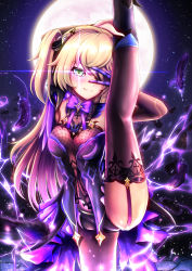 Rule 34 | 1girl, absurdres, black thighhighs, blonde hair, blush, bow, breasts, commentary request, corset, dead angels, electricity, eyepatch, fischl (genshin impact), full moon, genshin impact, green eyes, grin, hair ornament, highres, long hair, looking at viewer, medium breasts, moon, night, night sky, purple bow, purple corset, purple garter straps, sky, smile, solo, split, standing, standing on one leg, standing split, thighhighs, v