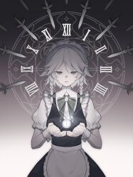 Rule 34 | 1girl, apron, bow, bowtie, braid, brooch, clock, commentary, cowboy shot, dagger, dress, frilled apron, frills, green bow, green bowtie, grey dress, grey eyes, grey hair, hair bow, hands up, highres, izayoi sakuya, jewelry, knife, long hair, maid apron, maid headdress, muted color, open mouth, pocket watch, puffy short sleeves, puffy sleeves, rcs 4, roman numeral, shirt, short sleeves, solo, sparkle, touhou, twin braids, watch, weapon, white shirt