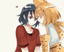 Rule 34 | 10s, 2girls, animal ears, bad id, bad twitter id, beige background, black eyes, black hair, blonde hair, closed eyes, closed mouth, commentary, gloves, heart, kaban (kemono friends), kemono friends, leaning forward, leaning on person, multiple girls, no headwear, print gloves, print skirt, red shirt, serval (kemono friends), serval print, shirt, short hair, short sleeves, skirt, sleeveless, sleeveless shirt, smile, white shirt, yellow gloves, yellow skirt, yuri, yuuyu (777)