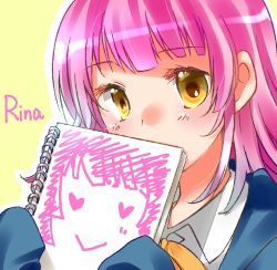 Rule 34 | 1girl, amanayori, blue jacket, character name, commentary request, covering own mouth, holding, jacket, long hair, looking at viewer, love live!, love live! nijigasaki high school idol club, love live! school idol festival all stars, neck ribbon, nijigasaki academy school uniform, outline, pink hair, ribbon, school uniform, shirt, sketchbook, sleeves past fingers, sleeves past wrists, solo, tennoji rina, upper body, white outline, white shirt, yellow background, yellow eyes, yellow ribbon