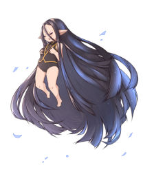 Rule 34 | 1girl, absurdly long hair, character request, closed eyes, facial mark, forehead mark, full body, granblue fantasy, hair between eyes, hands on own chest, harvin, long hair, omunikin, open mouth, pointy ears, rei (granblue fantasy), simple background, solo, very long hair, white background