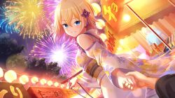 animated blonde_hair blue_eyes deep_one_kyomu_to_mugen_no_fragment dmm earrings fireworks highres holding_hands japanese_clothes jewelry kimono ribbon smile tagme video