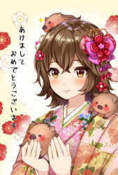 Rule 34 | 1girl, animal, animal on head, animal on shoulder, blush, boar, bow, brown eyes, brown hair, carrying, closed mouth, commentary request, floral background, flower, gradient background, hair between eyes, hair bow, hair flower, hair ornament, hand fan, hands up, haori, happy new year, highres, japanese clothes, kanzashi, kimono, looking at viewer, meesuke, new year, on head, original, pink kimono, print kimono, purple bow, red flower, short hair, sidelocks, smile, solo, upper body, yellow background