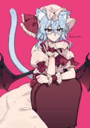 Rule 34 | 1girl, absurdres, animal ears, bat wings, blue hair, cat ears, cat tail, closed mouth, commentary request, dress, fingernails, hair between eyes, hat, hat ribbon, highres, himadera, light blue hair, long fingernails, looking at viewer, medium hair, mob cap, pink dress, pink hat, red background, red eyes, red nails, red ribbon, remilia scarlet, ribbon, short sleeves, simple background, sitting, solo, tail, touhou, twitter username, wings, wrist cuffs