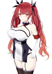 Rule 34 | 1girl, azur lane, bare shoulders, black ribbon, black thighhighs, blush, breasts, cleavage, commentary, cowboy shot, dress, elbow gloves, gloves, hair ribbon, halterneck, highres, honolulu (azur lane), large breasts, long hair, looking at viewer, orange eyes, red hair, ribbon, short dress, simple background, sleeveless, sleeveless dress, solo, standing, stardust-kun, thighhighs, thighs, twintails, very long hair, white background, white dress, white gloves