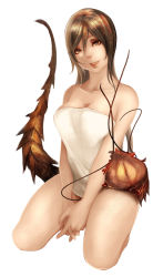 Rule 34 | 1girl, absurdres, breasts, brown eyes, brown hair, cleavage, highres, hu dako, large breasts, long hair, looking at viewer, original, seiza, simple background, sitting, smile, solo, tail, white background