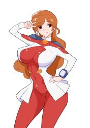 Rule 34 | 1girl, baron (nsbaron), blush, bodysuit, breasts, character request, cleavage, copyright request, covered erect nipples, covered navel, large breasts, long hair, orange hair, red eyes, simple background, skin tight, solo, white background