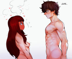 Rule 34 | 1boy, 1girl, abs, absurdres, amamiya ren, black hair, blush, breasts, completely nude, embarrassed, english text, eye contact, fluffydango, flying sweatdrops, from side, full-face blush, glasses, head steam, heart, highres, long hair, looking at another, medium breasts, muscular, muscular male, nipples, nude, persona, persona 5, persona 5 the royal, red hair, trembling, yoshizawa kasumi
