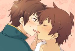 Rule 34 | 2boys, blush, brown eyes, brown hair, cape, character request, check character, collarbone, commentary request, daitabashi kinu, facing another, floral background, french kiss, green cape, hand up, kiss, kono subarashii sekai ni shukufuku wo!, looking at another, male focus, multiple boys, satou kazuma, selfcest, shirt, short hair, sweatdrop, tongue, tongue out, white shirt, yaoi
