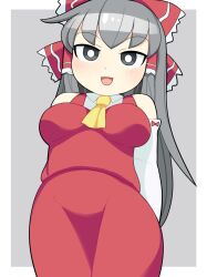 Rule 34 | 1girl, ascot, black eyes, blush, bow, breasts, bright pupils, collared shirt, cookie (touhou), cowboy shot, detached sleeves, frilled bow, frilled hair tubes, frills, grey background, grey hair, hair bow, hair tubes, hakurei reimu, hospital king, long hair, looking at viewer, medium breasts, open mouth, red bow, red shirt, red skirt, shinonome (cookie), shirt, skirt, skirt set, sleeveless, sleeveless shirt, smile, touhou, two-tone background, very long hair, white background, white pupils, white sleeves, yellow ascot