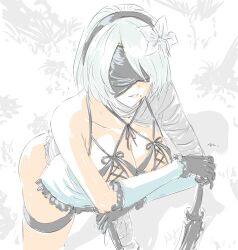 Rule 34 | 1girl, 2b (nier:automata), bandaged arm, bandaged leg, bandaged neck, bandages, bare shoulders, black blindfold, blindfold, braid, breasts, cleavage, collarbone, cosplay, covered eyes, cross-laced clothes, detached sleeves, flower, gloves, hair flower, hair ornament, hairband, highres, kaine (nier), kaine (nier) (cosplay), large breasts, mitsugu, mole, mole under mouth, nier, nier:automata, nier (series), panties, parted lips, short hair, simple background, smile, solo, standing, sword, thigh strap, underwear, weapon, white hair, white panties