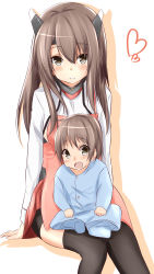 Rule 34 | 10s, 2girls, absurdres, alternate hair length, alternate hairstyle, apron, bike shorts, black legwear, blush, breasts, brown eyes, brown hair, commentary request, female focus, headband, headgear, heart, highres, if they mated, kantai collection, long hair, medium breasts, mother and daughter, multiple girls, aged up, personification, pleated skirt, saku (kudrove), short hair, skirt, smile, taihou (kancolle), thighhighs, white background, aged down, zettai ryouiki